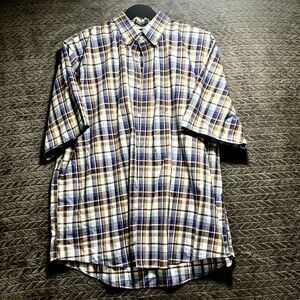 Lands' End Shirt Mens X-Large Button-Down Short Sleeve Blue Plaid